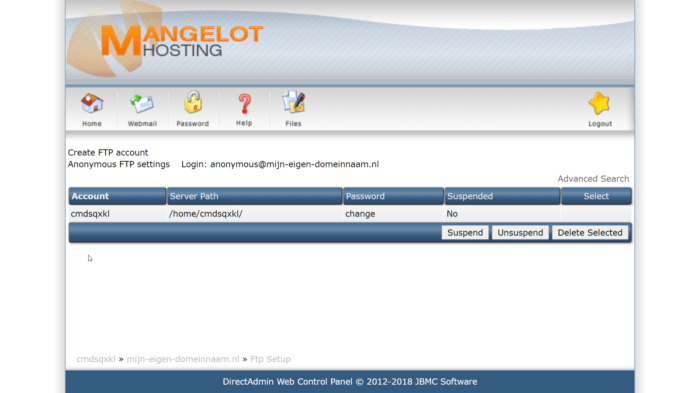 Directadmin FTP account toevoegen