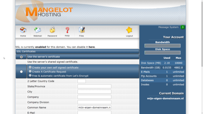 Directadmin CSR request maken