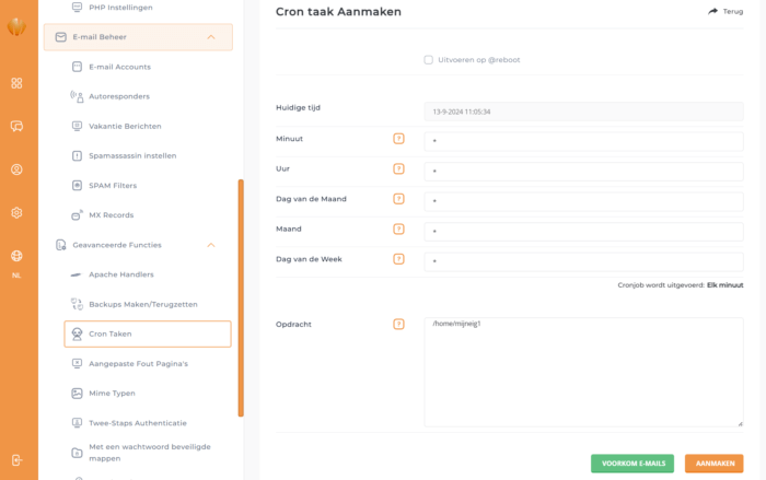 Cronjob taken aanmaken in Directadmin