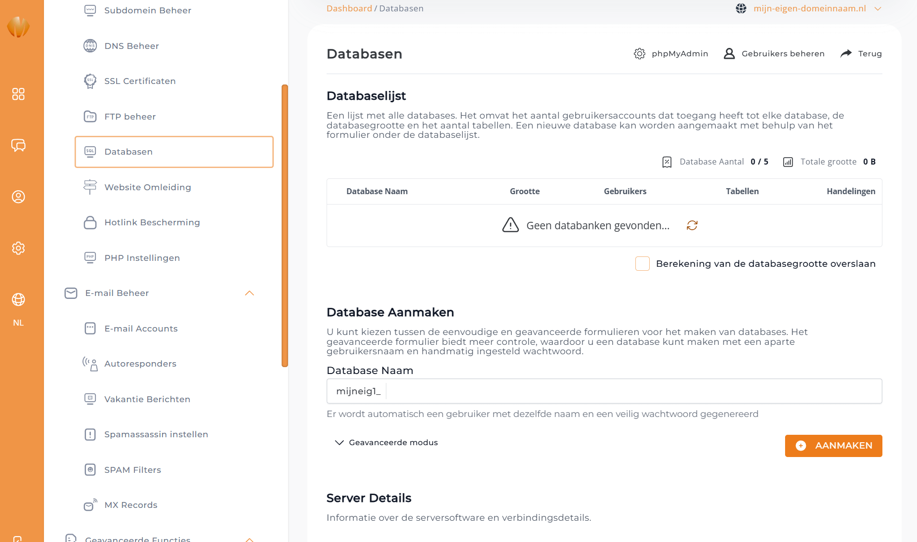 Directadmin database aanmaken