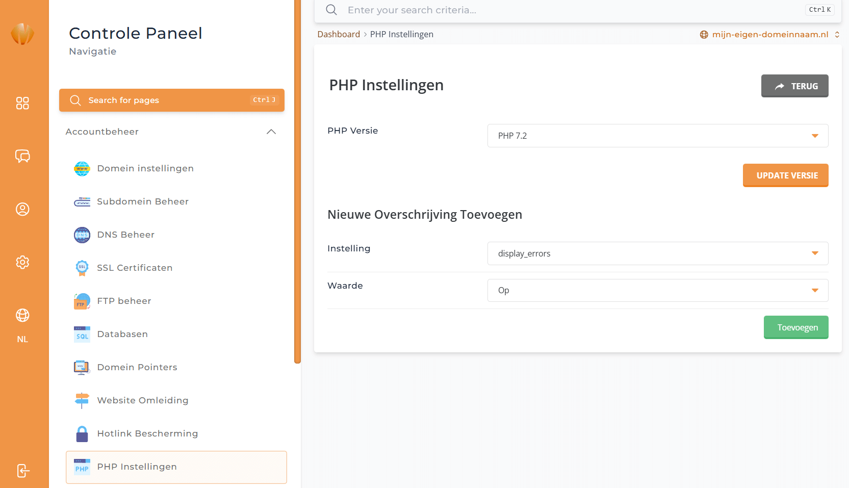 PHP versie aanpassen voor domeinnaam in Directadmin