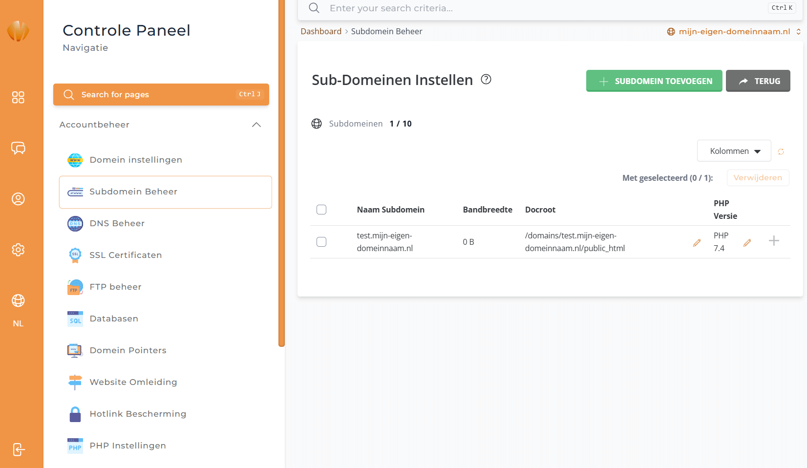PHP versie aanpassen voor subdomein
