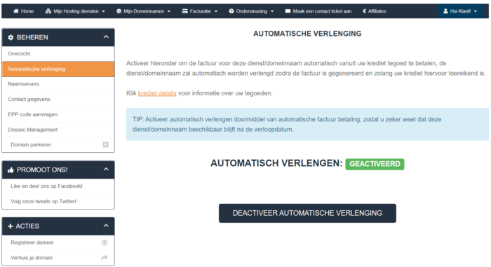domeinnaam verlengen uit tegoed