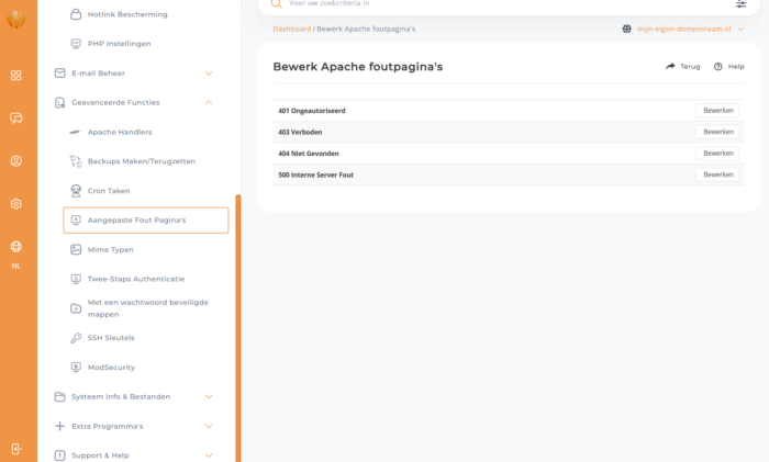 Directadmin eigen error pagina