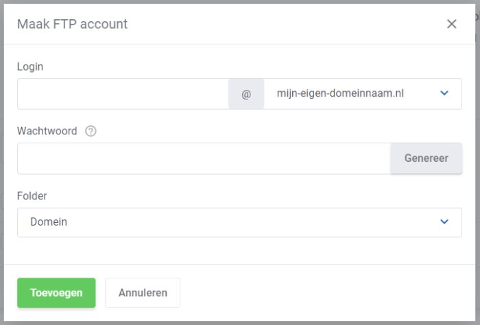 Kies een gebruikersnaam en wachtwoord voor uw FTP account