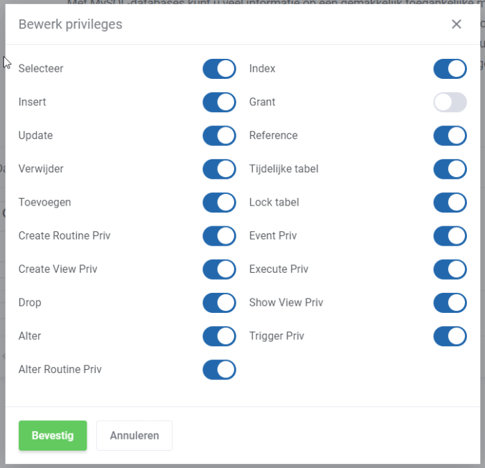 MySQL database privileges gebruiker wijzigen