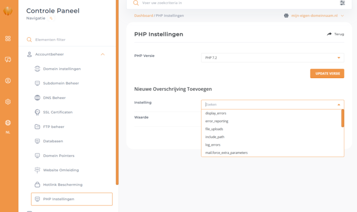 Directadmin PHP instellingen aanpassen