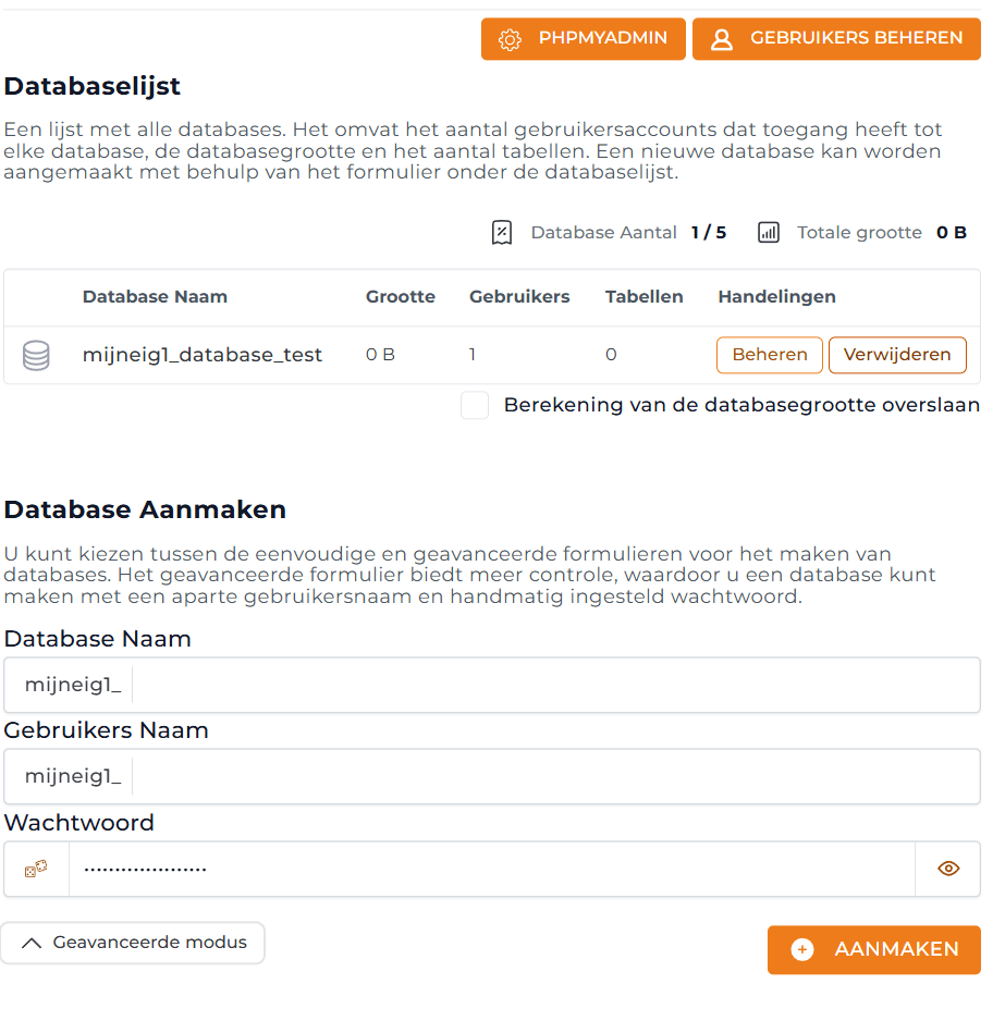 mysql database aanmaken