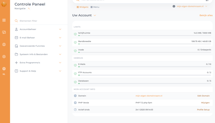 Directadmin account informatie weergeven op dashboard