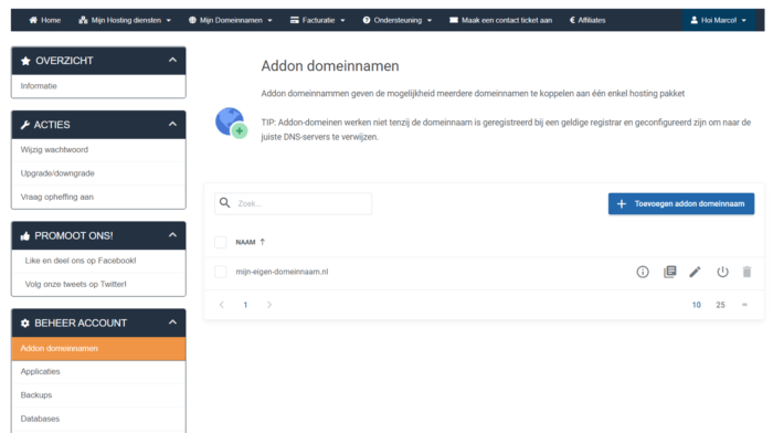 mijn controle paneel domein toevoegen