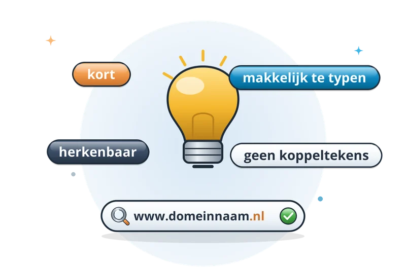 Lamp met tips voor een goede domeinnaam: kort, makkelijk te typen en herkenbaar
