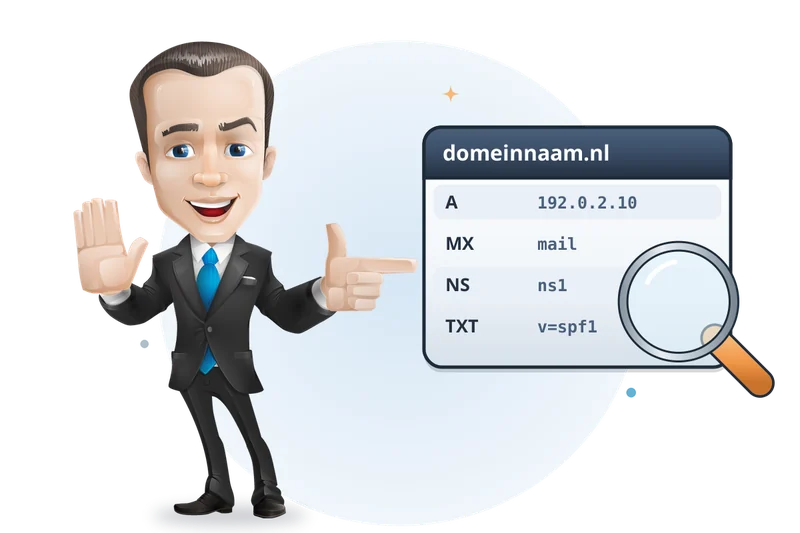 Mascotte van Mangelot Hosting wijst naar een vergrootglas boven de DNS-records van een domeinnaam