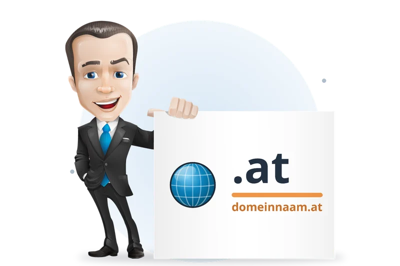 Mascotte van Mangelot Hosting houdt een bord omhoog met .at en domeinnaam.at