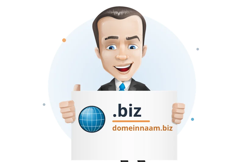 Mascotte van Mangelot Hosting houdt een bord omhoog met .biz en domeinnaam.biz