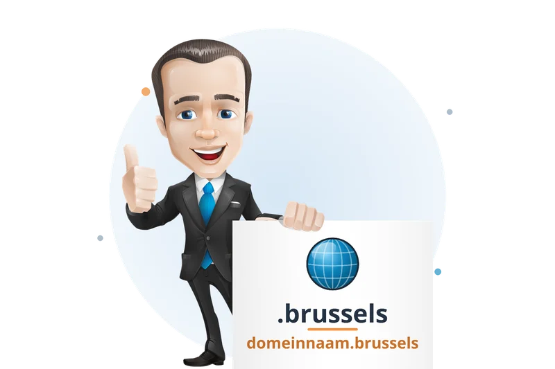 Mascotte van Mangelot Hosting houdt een bord omhoog met .brussels en domeinnaam.brussels