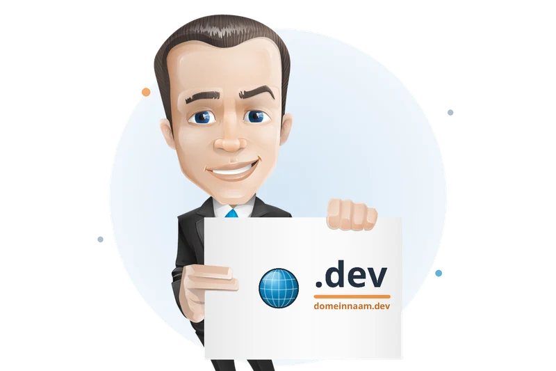 Mascotte van Mangelot Hosting houdt een bord omhoog met .dev en domeinnaam.dev