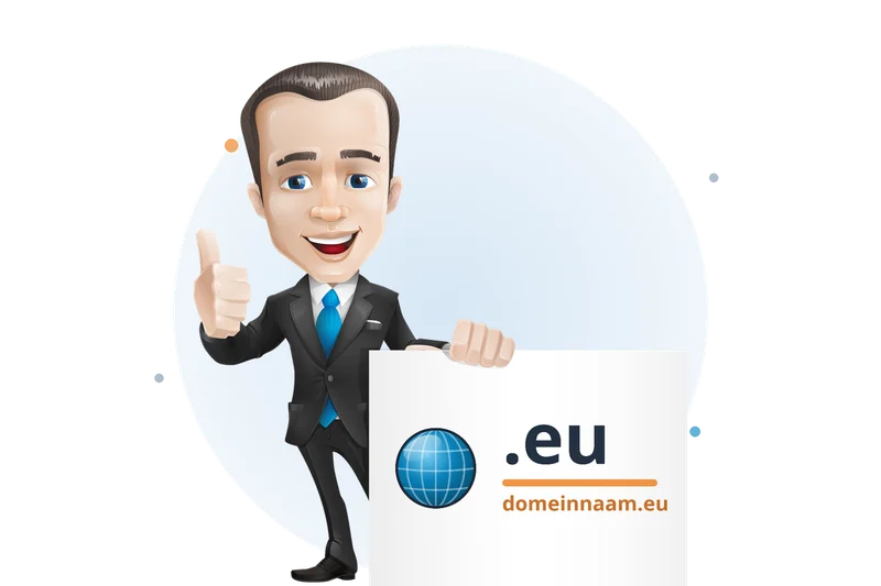 Mascotte van Mangelot Hosting houdt een bord omhoog met .eu en domeinnaam.eu