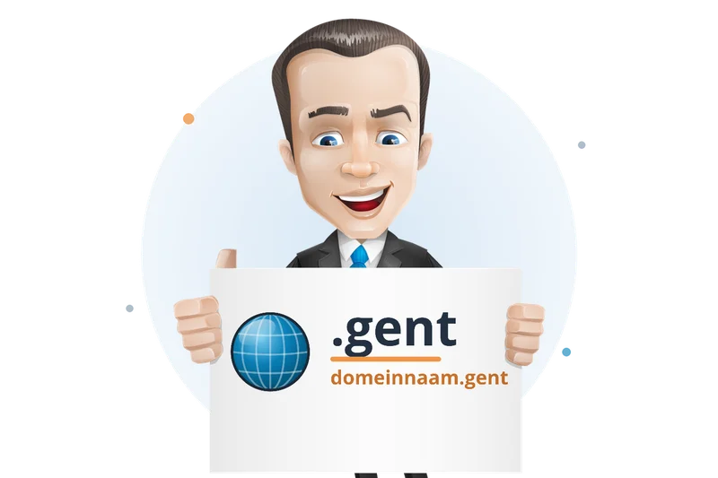 Mascotte van Mangelot Hosting houdt een bord omhoog met .gent en domeinnaam.gent