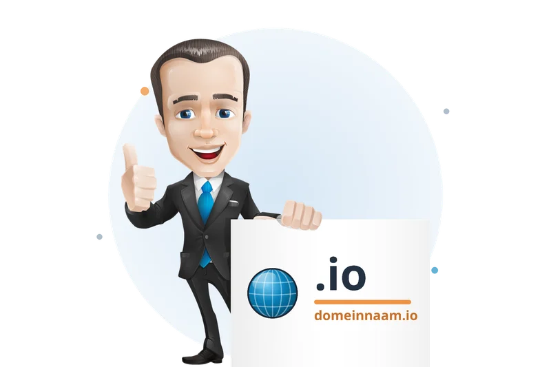 Mascotte van Mangelot Hosting houdt een bord omhoog met .io en domeinnaam.io