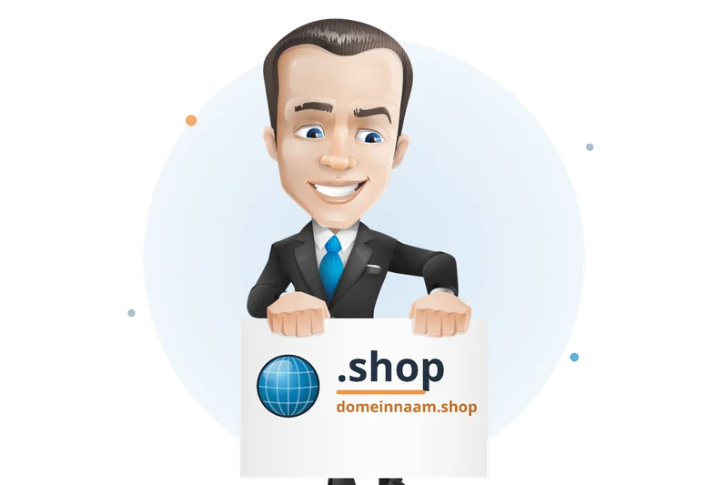 Mascotte van Mangelot Hosting houdt een bord omhoog met .shop en domeinnaam.shop