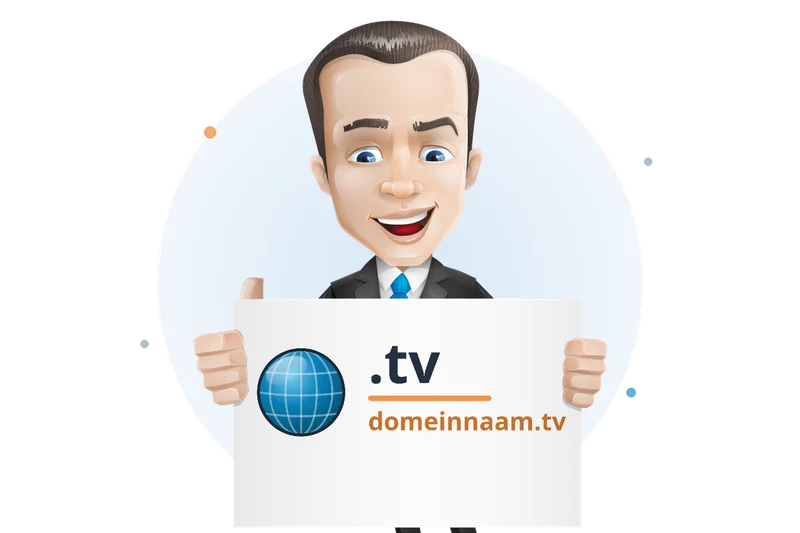 Mascotte van Mangelot Hosting houdt een bord omhoog met .tv en domeinnaam.tv