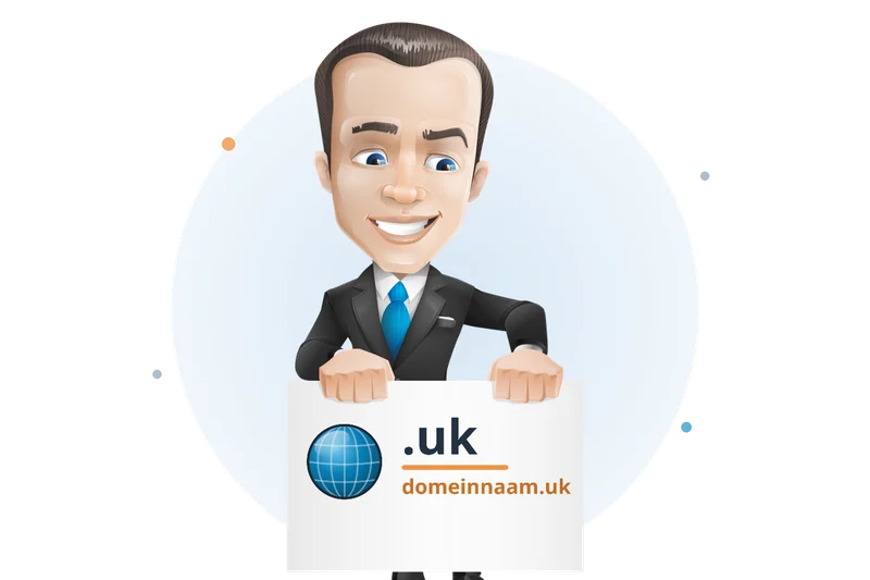 Mascotte van Mangelot Hosting houdt een bord omhoog met .uk en domeinnaam.uk