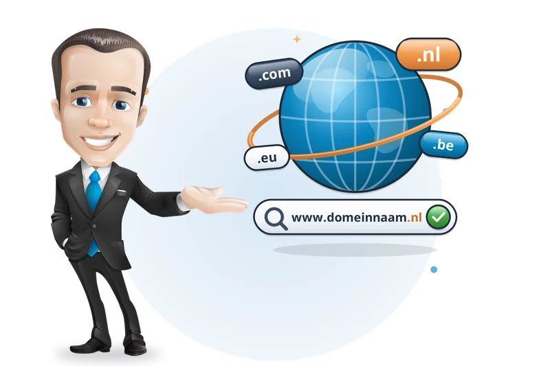 Mascotte van Mangelot Hosting presenteert een wereldbol met .nl, .com, .be en .eu en domeinnaam.nl