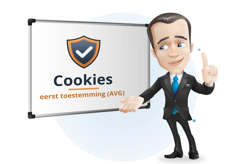 Mascotte van Mangelot Hosting bij een whiteboard: cookies onder de AVG, eerst toestemming vragen