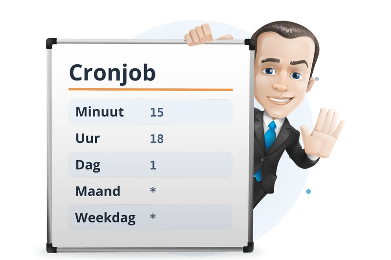 Mascotte van Mangelot Hosting kijkt om een whiteboard met een cronjob die op de 1e van de maand om 18:15 draait