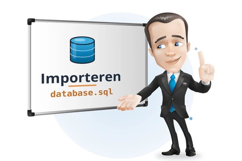 Mascotte van Mangelot Hosting bij een whiteboard met een database en het bestand database.sql om te importeren