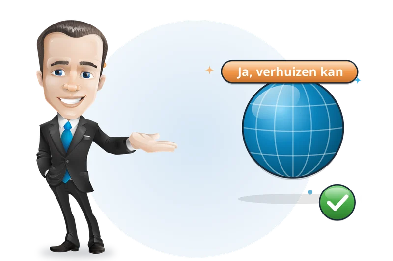 Mascotte van Mangelot Hosting toont een wereldbol met een vinkje: ja, u kunt uw domeinnaam verhuizen naar Mangelot Hosting