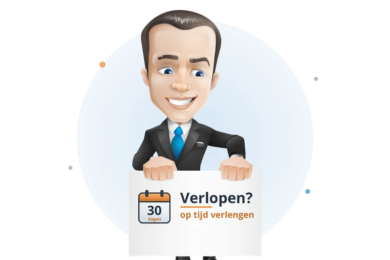 Mascotte van Mangelot Hosting houdt een bord omhoog met een kalender: verleng uw domeinnaam op tijd