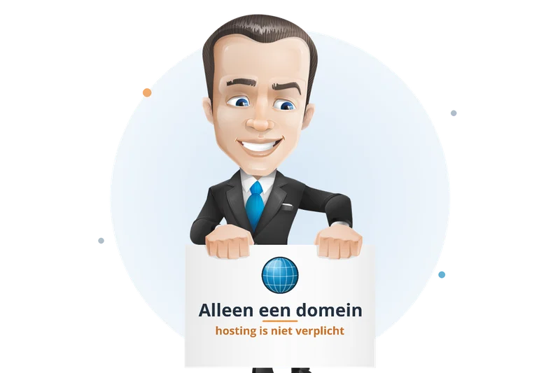Mascotte van Mangelot Hosting houdt een bord omhoog met een wereldbol: een domeinnaam registreren zonder hostingpakket kan gewoon