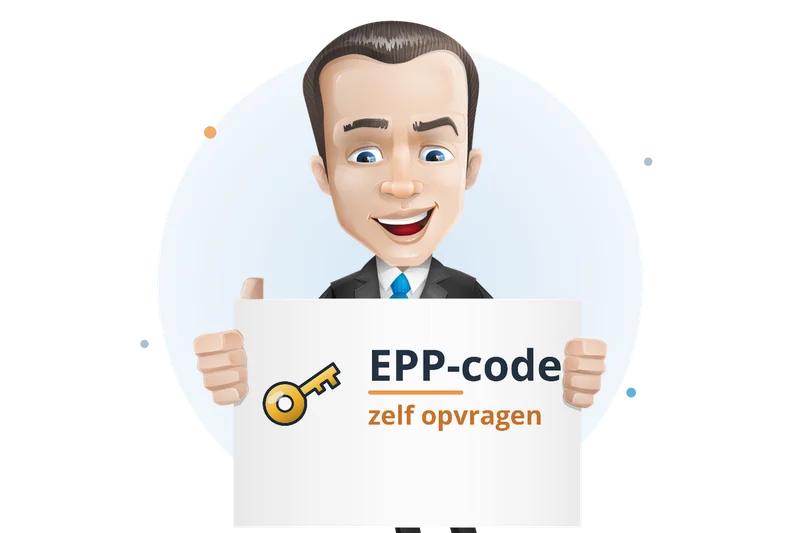 Mascotte van Mangelot Hosting houdt een bord omhoog met een sleutel: de EPP-code van uw domein zelf opvragen in uw klantengedeelte