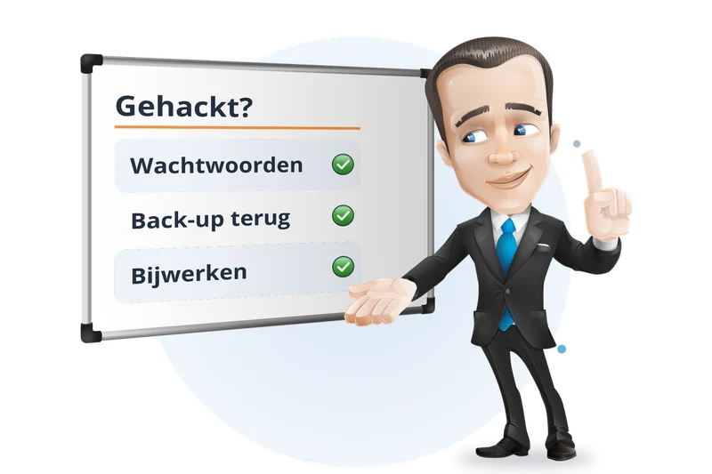 Mascotte van Mangelot Hosting bij een whiteboard: na een hack wachtwoorden wijzigen, back-up terugzetten en bijwerken