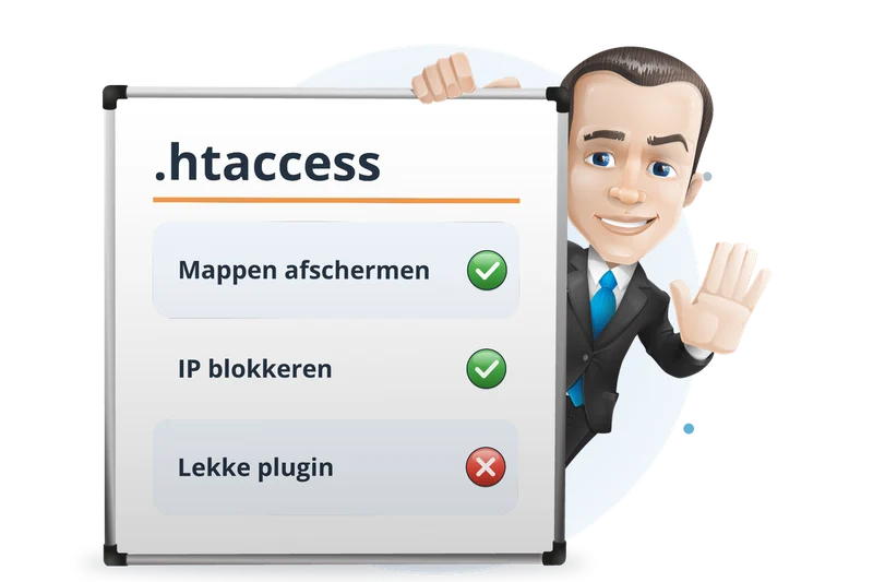 Mascotte van Mangelot Hosting bij een whiteboard: wat .htaccess wel en niet kan beveiligen