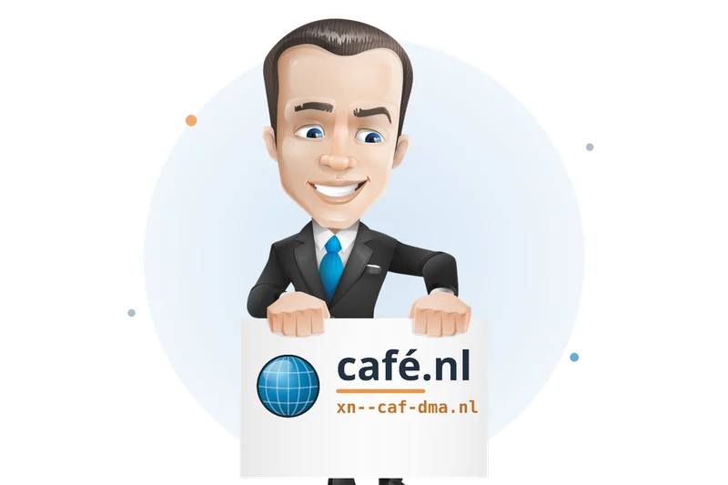 Mascotte van Mangelot Hosting houdt een bord omhoog met café.nl en de technische schrijfwijze xn--caf-dma.nl