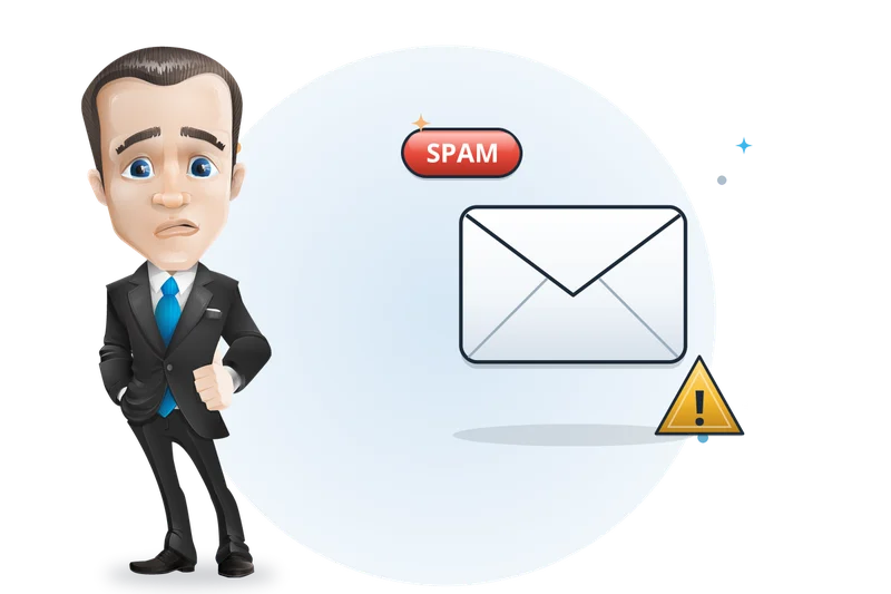 Mascotte van Mangelot Hosting kijkt bedroefd naar een e-mail die in de spammap is beland