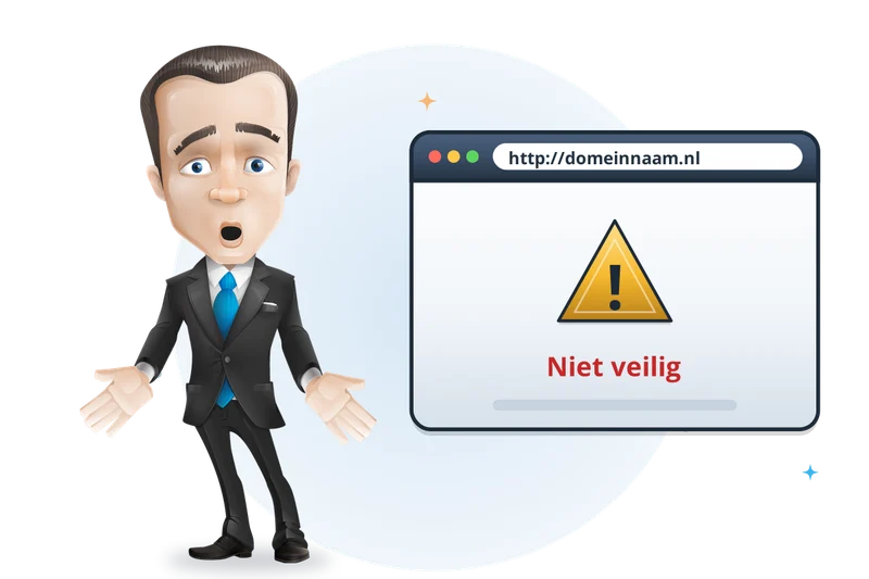 Mascotte van Mangelot Hosting schrikt van de melding 'Niet veilig' in de browser