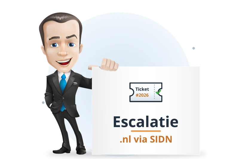 Mascotte van Mangelot Hosting houdt een bord omhoog: de escalatieprocedure voor .nl loopt via SIDN