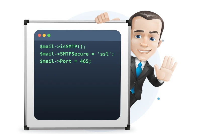 Mascotte van Mangelot Hosting bij een whiteboard met PHP-code die mail verstuurt via SMTP op poort 465