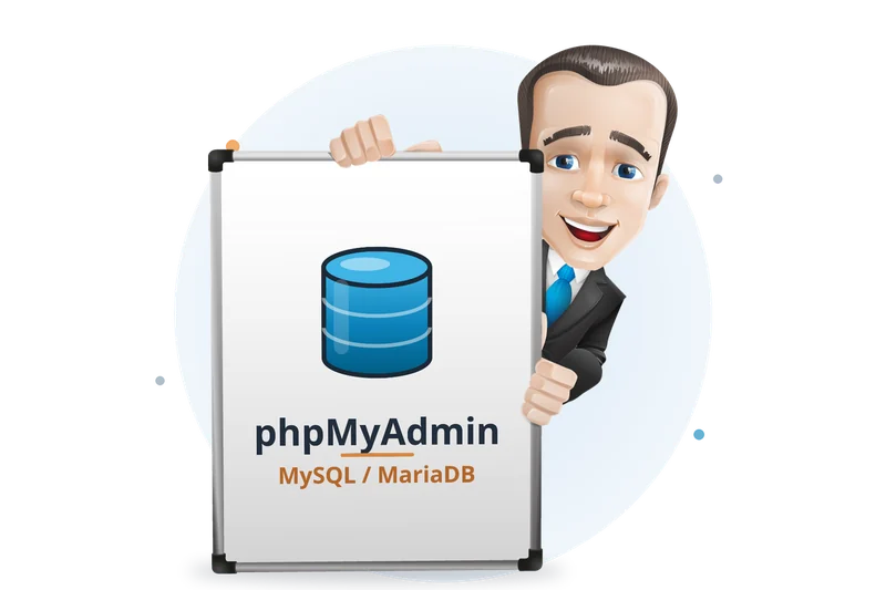 Mascotte van Mangelot Hosting kijkt om een whiteboard met een database en phpMyAdmin