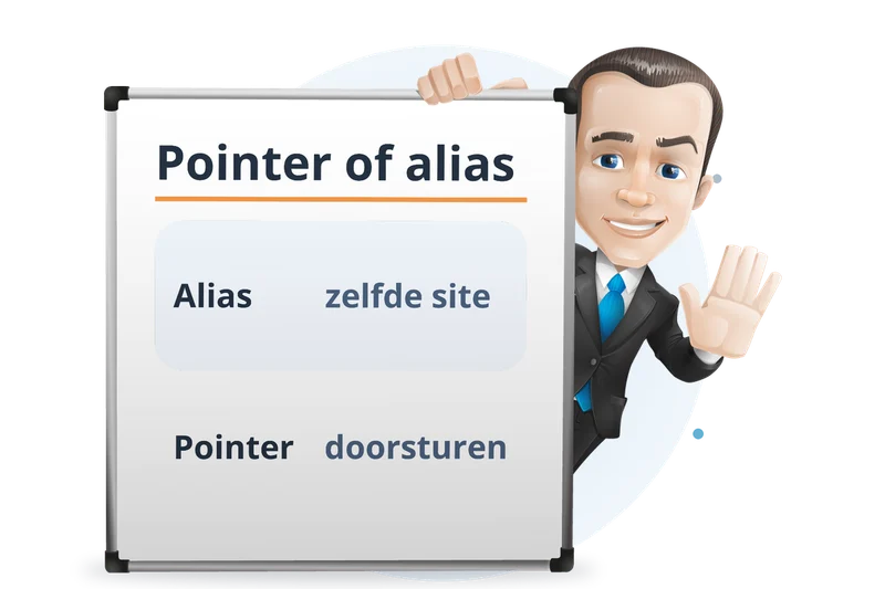Mascotte van Mangelot Hosting legt het verschil uit: een alias toont dezelfde site, een pointer stuurt door