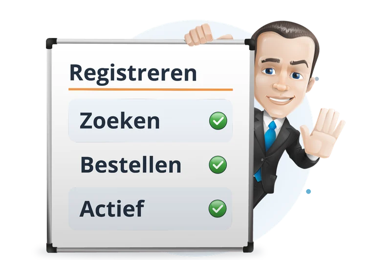 Mascotte van Mangelot Hosting bij een whiteboard: een domeinnaam registreren in drie stappen