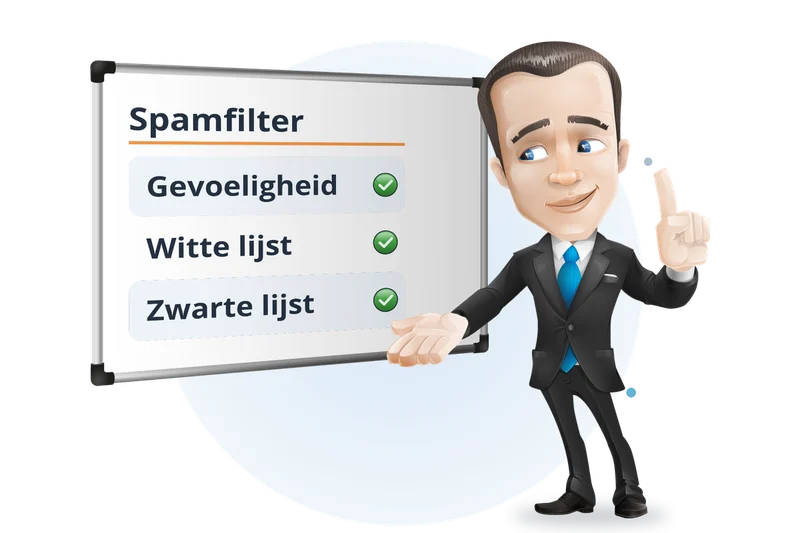 Mascotte van Mangelot Hosting bij een whiteboard: spamfilter instellen met gevoeligheid, witte en zwarte lijst