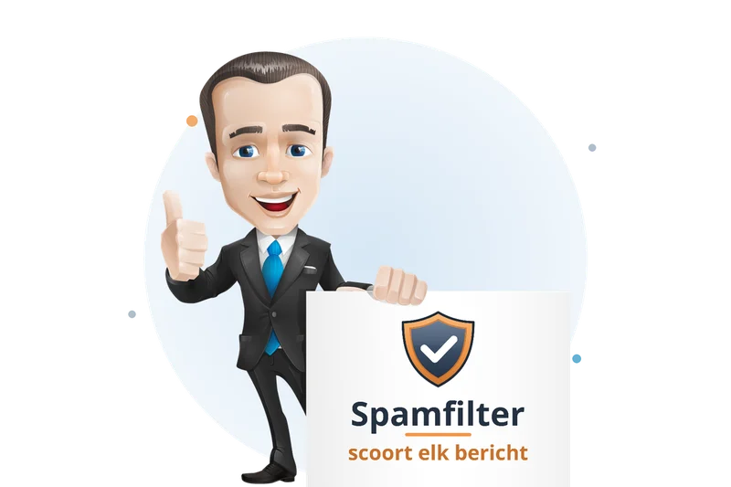 Mascotte van Mangelot Hosting houdt een bord vast met een schild: het spamfilter houdt spam tegen