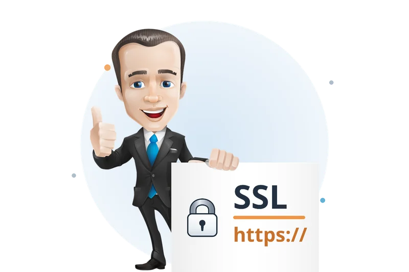 Mascotte van Mangelot Hosting steekt zijn duim op naast een bord met een hangslot en SSL