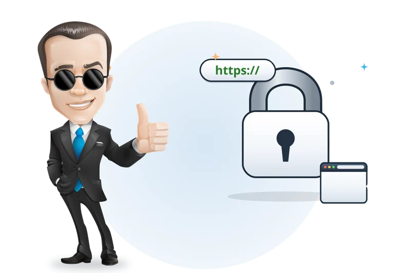 Mascotte van Mangelot Hosting met zonnebril naast een hangslot, https en een browser