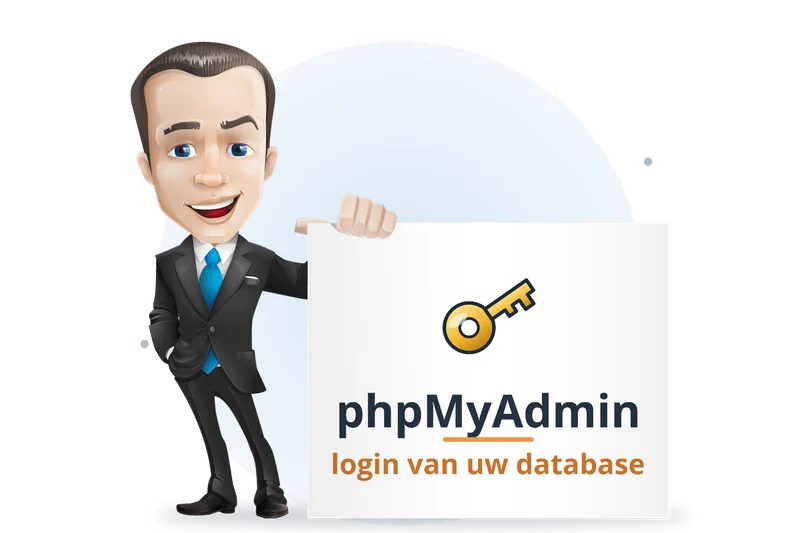 Mascotte van Mangelot Hosting houdt een bord omhoog met een sleutel: inloggen op phpMyAdmin met de gegevens van uw database