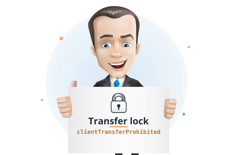 Mascotte van Mangelot Hosting houdt een bord omhoog met een hangslot en de status clientTransferProhibited